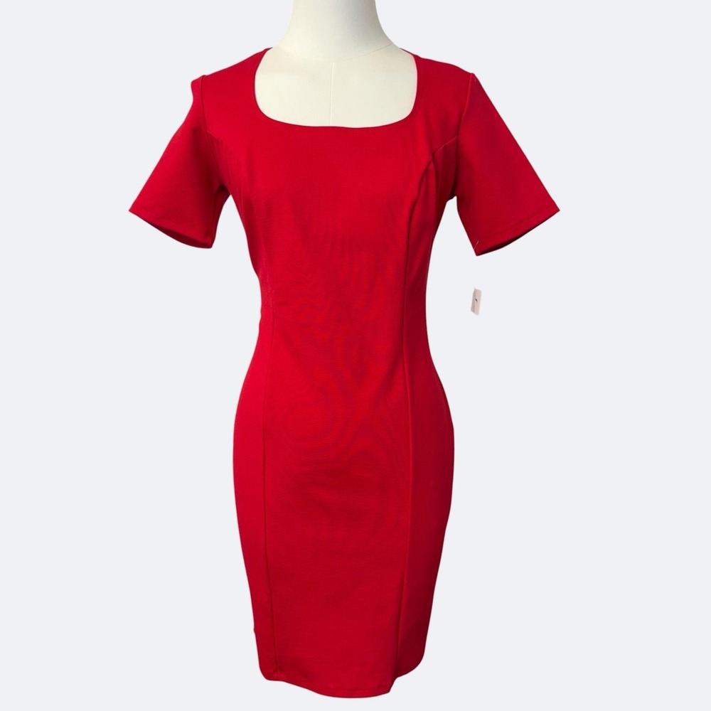 LaMonir Dress Womens XS Red Square Neck Short Sleeve Sheath Stretch Made USA